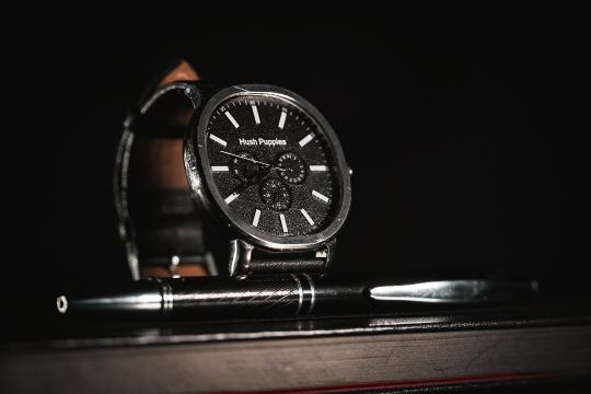 A black watch standing behind a pen.